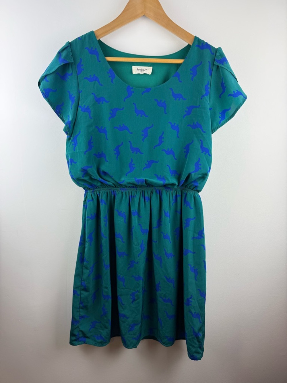 Peach Love California Teal Dinosaur Print Mini Dress ModCloth Petal Sleeve - Med